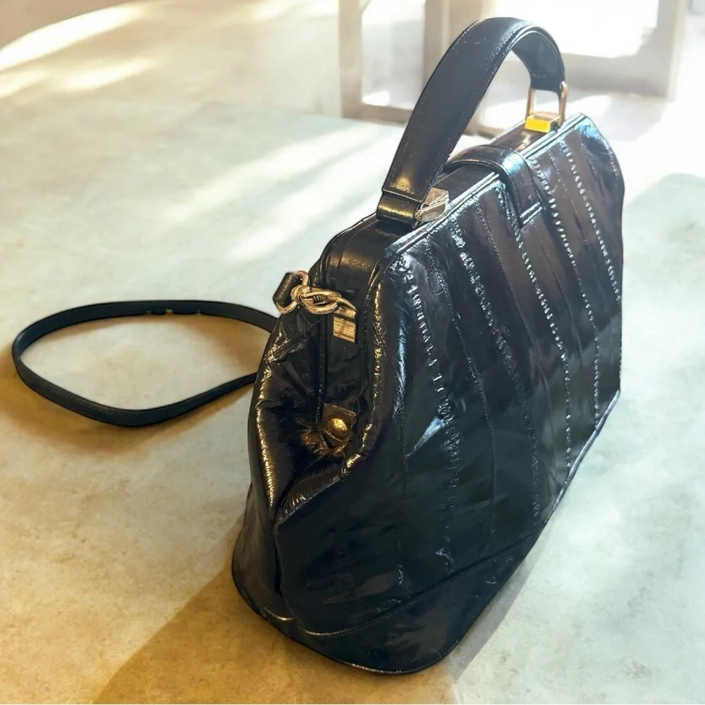 Sunsea Vintage Black Eel Skin Top Handle Crossbody 90s Structured Frame Bag